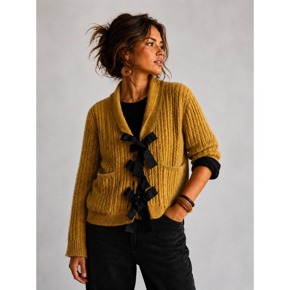 A Loves A Mustard Yellow Cable Knit Bow Front Shawl Collar Cardigan XL NWT